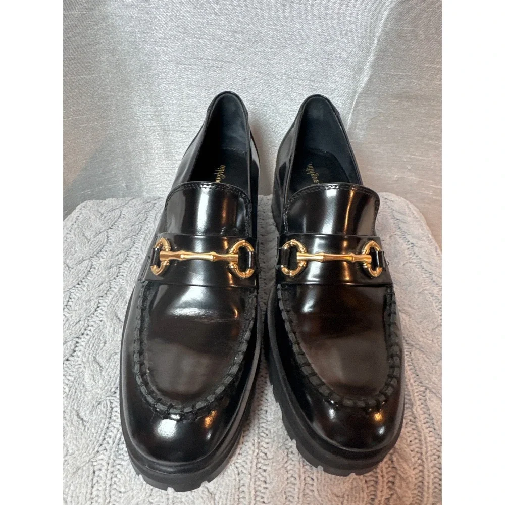 J McLaughlin Black Patent Leather Loafers‎ Gold Buckle Chunky Platform Women 7